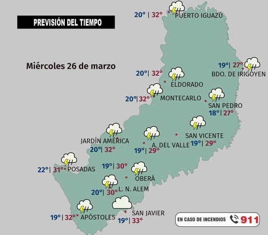 Seguirán las lluvias y tormentas con posible caída de granizo para el jueves en Misiones 2 pronostico miercoles 26 - 1