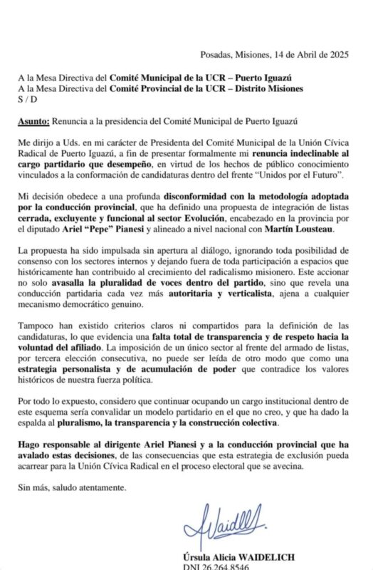 Renuncia en UCR de Iguazú: “En el radicalismo todo está siendo manipulado” 3 WhatsApp Image 2025 04 14 at 14.51.27 - 2