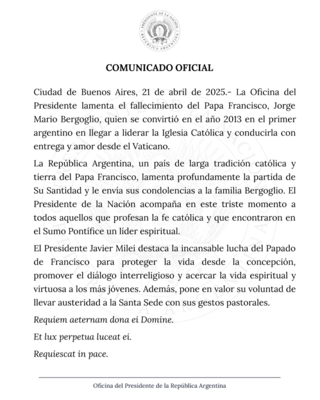 El Gobierno argentino despidió al Papa Francisco: “Lideró con entrega y amor” 3 comunicado papa francisco - 2