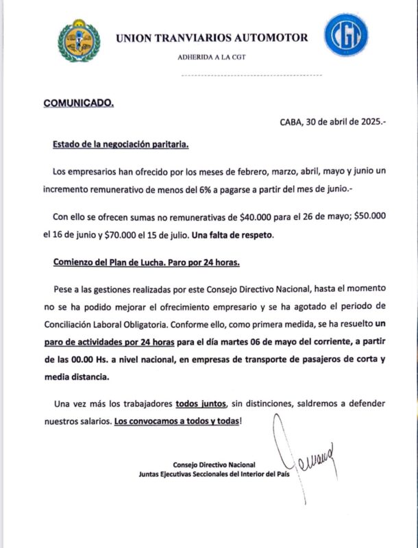 El paro de UTA para el 6 de mayo se extendería a todo el país 5 uta 2 - 4