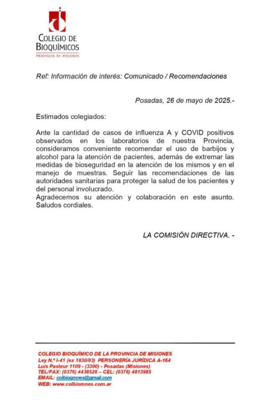 El comunicado del Colegio de Bioquímicos de Misiones emitió un comunicado en el que recomienda retomar el uso de barbijos  