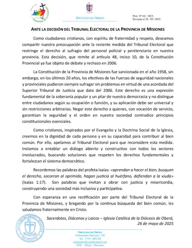 La Diócesis de Oberá expresó su preocupación por la restricción al voto de fuerzas de seguridad 2 WhatsApp Image 2025 05 26 at 10.23.21 - 1