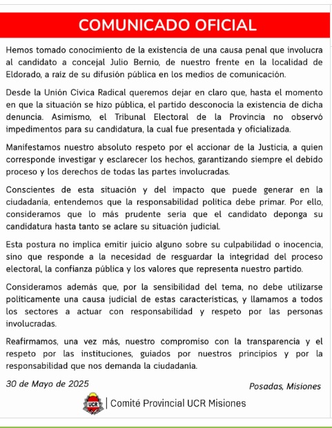 Comunicado de la UCR sobre la situación de Bernio
