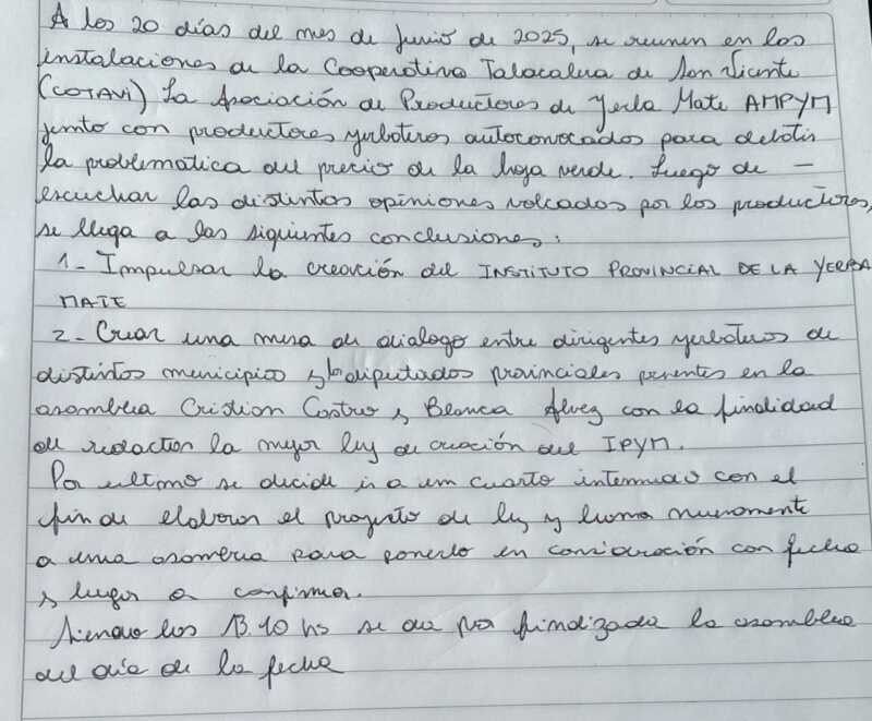 Cristian Castro: “Los productores ya no creen en la desregulación, piden un Instituto Misionero de la Yerba Mate” 2 Petitorio y acta de la asamblea de San Vicente que Castro explicó en Radio Up