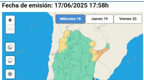 La alerta naranja para este miércoles 18 de junio en norte de Corrientes y sur y centro de Misiones - IMAGEN: SMN