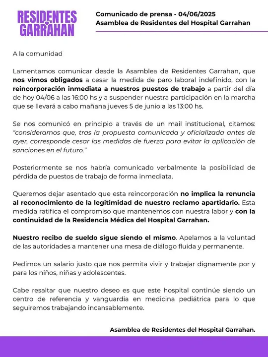 Residentes del Hospital Garrahan levantaron el paro indefinido tras advertencias de sanciones 3 comnunicado - 2