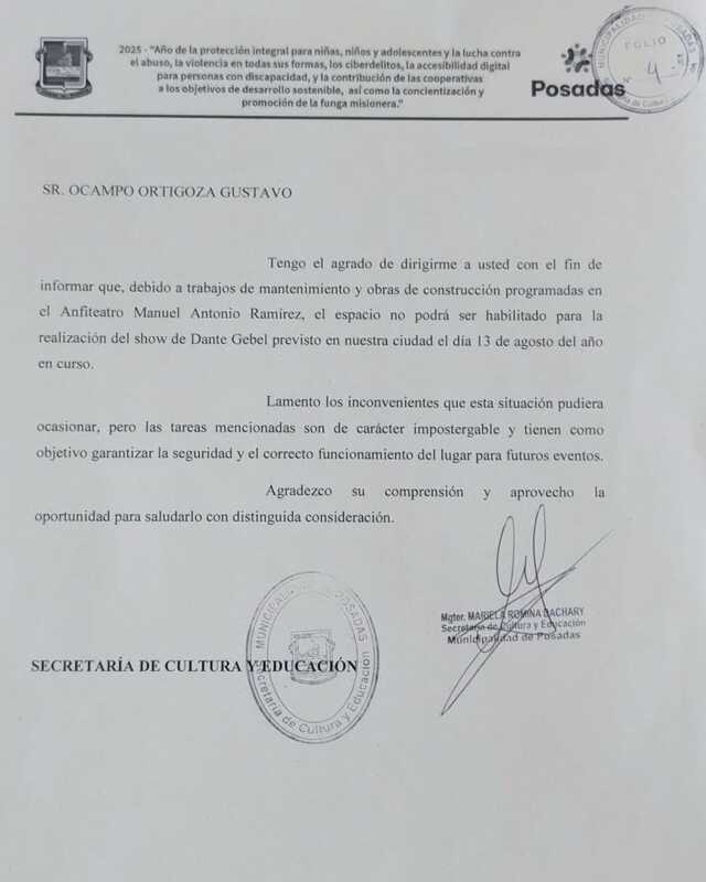 Qué pasó entre Stelatto y Dante Gebel: cancelaron su show “Presidante” en el anfiteatro Ramírez 2 La nota de la administración Stelatto a la producción de Gebel