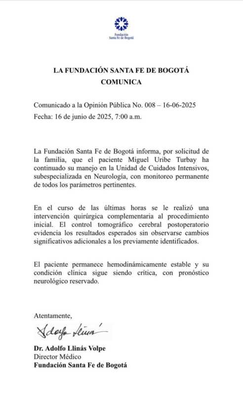 El parte médico conocido en las últimas horas sobre el estado del senador Uribe Turbay