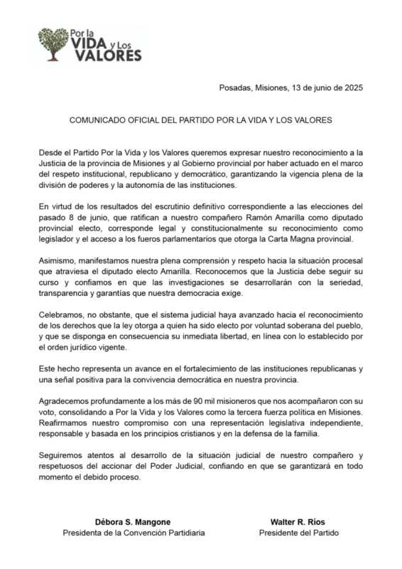 El comunicado del partido Por la vida y los valores este viernes 13 de junio, ante la inminente liberación de Amarilla.