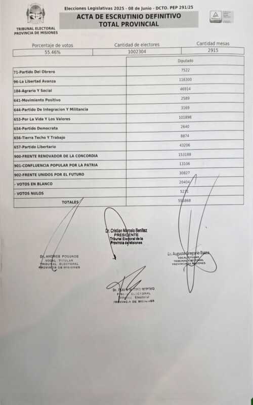 La planilla con los resultados definitivos de las elecciones del 8 de junio que se comunicó a las fueras políticas