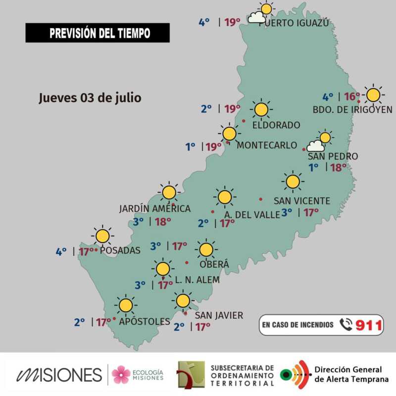 Sol, frío matinal y tardes templadas en Misiones 2 Viernes 4 : tiempo estable y en ascenso en Misiones