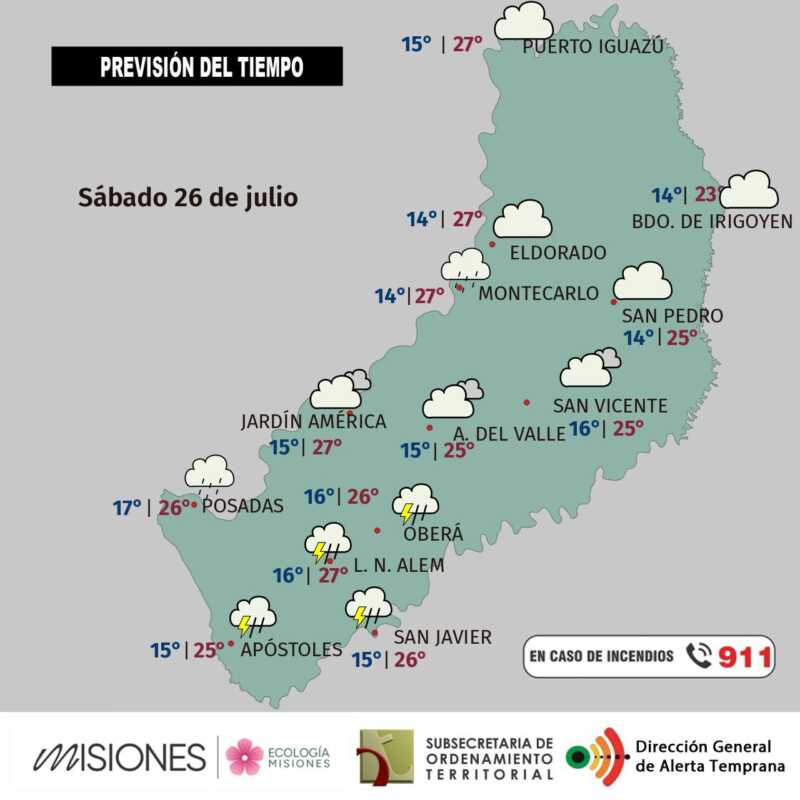 Sábado 26: cielo mayormente cubierto, con lluvias dispersas hacia el sur de Misiones 
