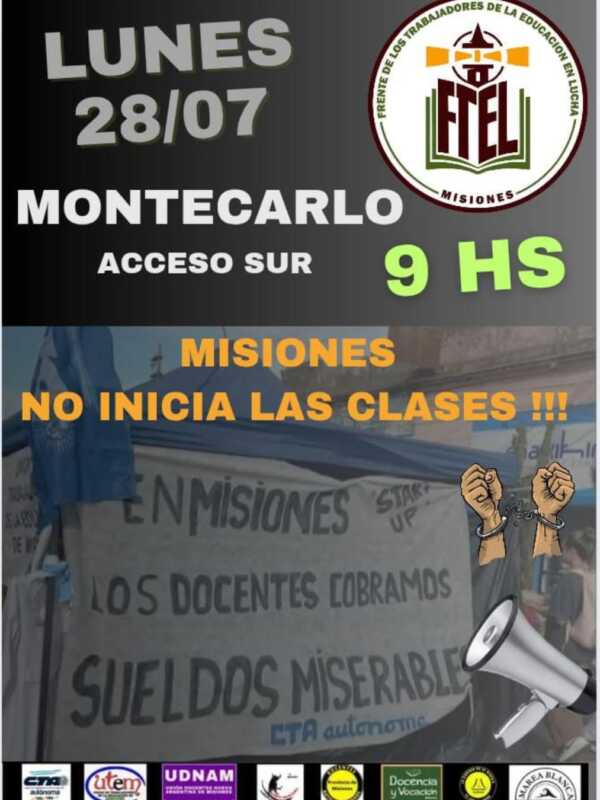 Misiones: paro docente de 48 horas tras el receso invernal 3 Misiones: corte de ruta este lunes por parte de docentes