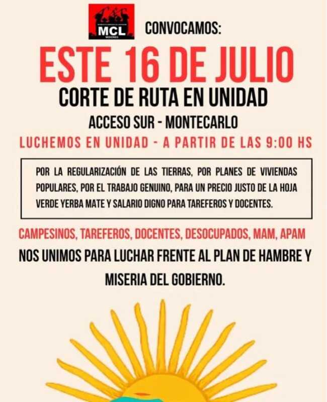 Organizaciones sociales cortan la ruta en Montecarlo para reclamar por tierra, trabajo y salarios dignos 3 corte de ruta montecarlo - 2