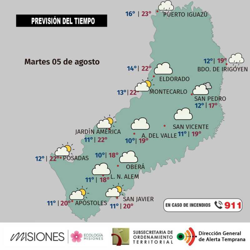 Tiempo inestable y fresco en Misiones hasta el jueves 1 Martes 5: humedad, nubosidad y leve inestabilidad en Misiones