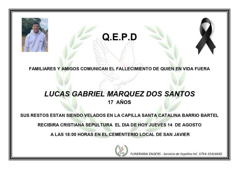 San Javier despidió a Lucas Márquez tras su trágica muerte: investigan a policías 1 Despedida emotiva en San Javier por la muerte de Lucas Márquez