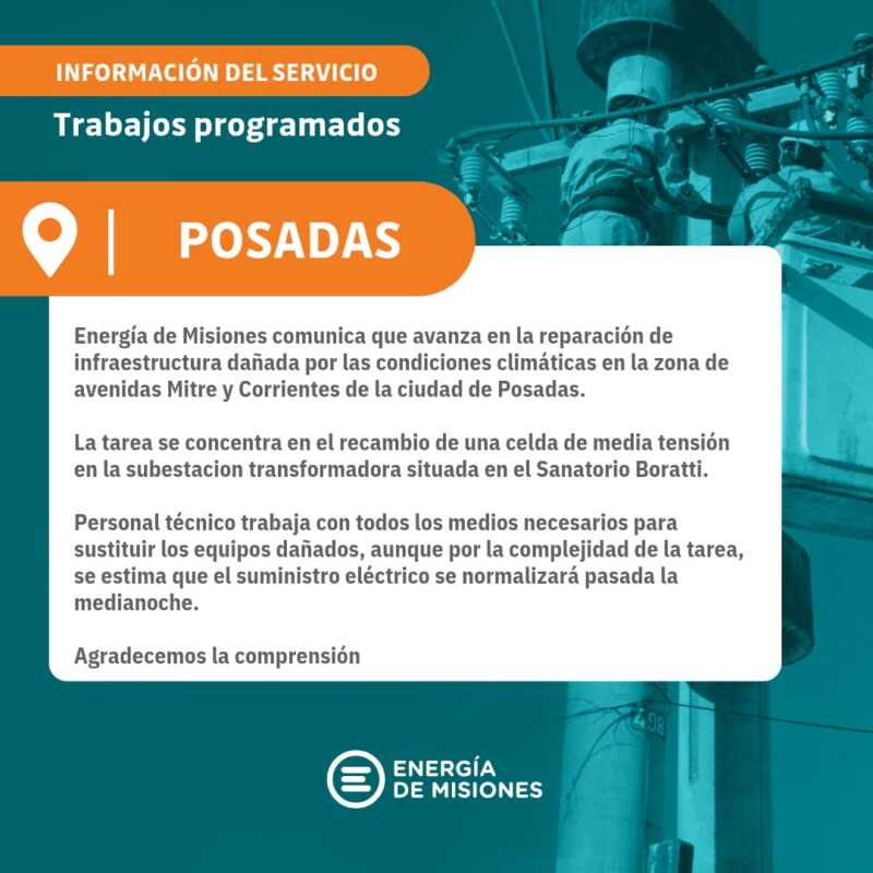 Energía de Misiones trabajan en el recambio de celda dañada por el temporal en Mitre y Corrientes 1 Energía de Misiones