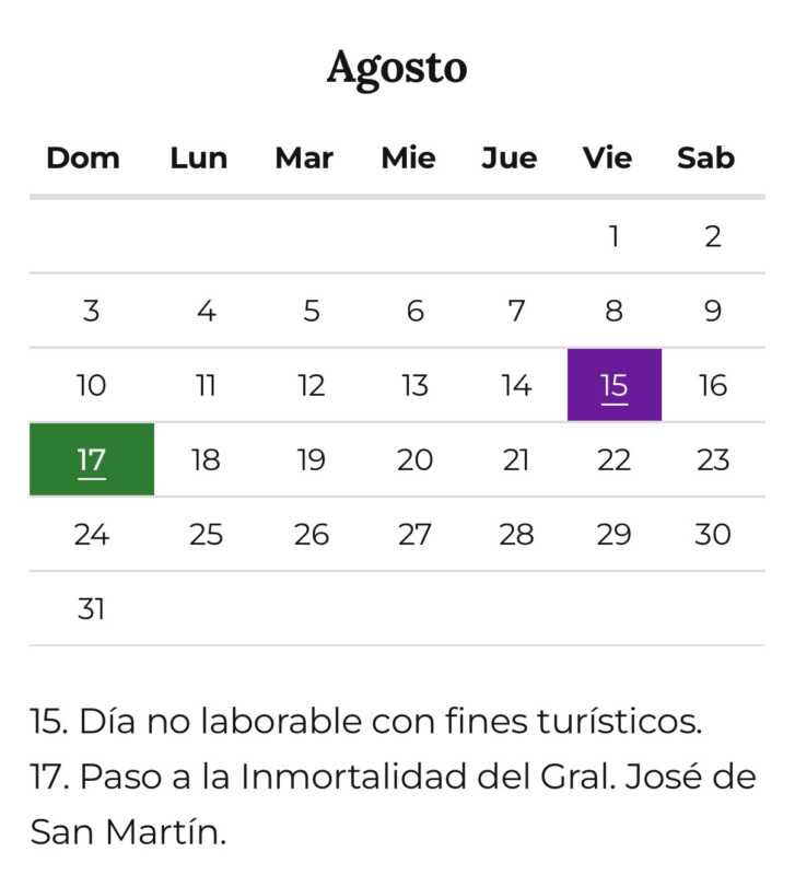 El viernes 15 de agosto será el día no laborable con fines turísticos 