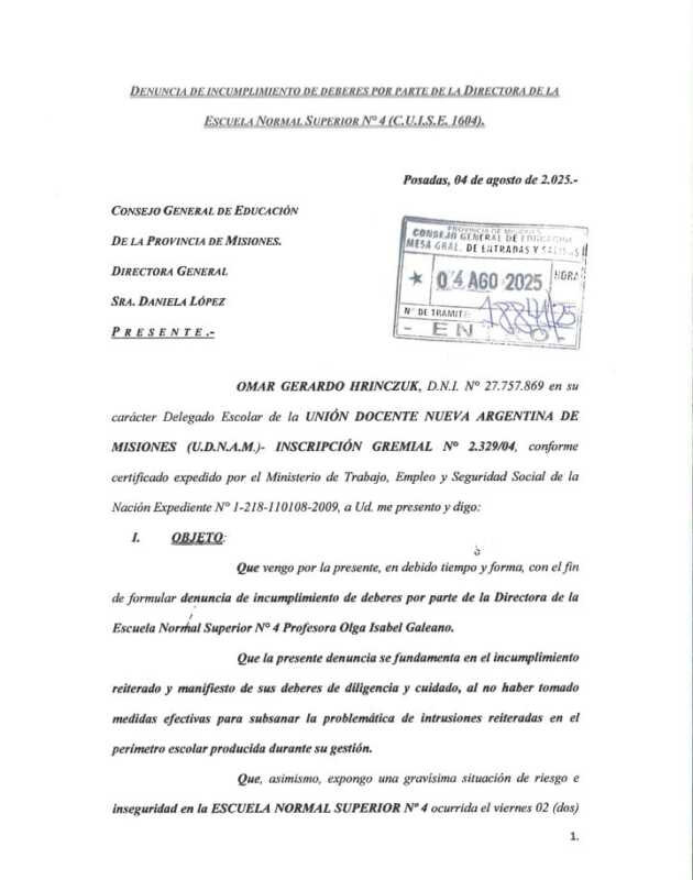 Denuncia a la directora de la Escuela Normal Superior N° 4 de Oberá por irregularidades 2 Las denuncias presentadas por el delegado gremial Omar Hrinczuk.