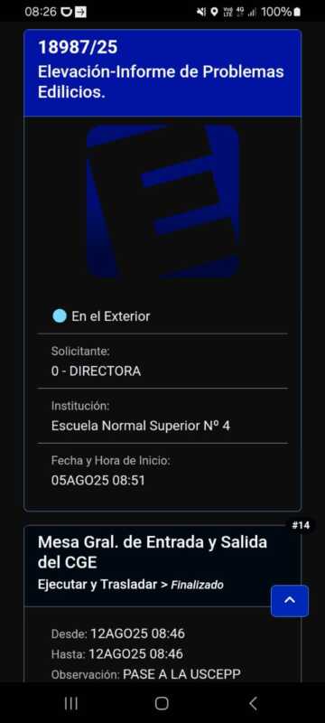 Denuncia a la directora de la Escuela Normal Superior N° 4 de Oberá por irregularidades 8 El número de trámite que presenta la directora el 5 de agosto ante el consejo para informar del estado edilicio.