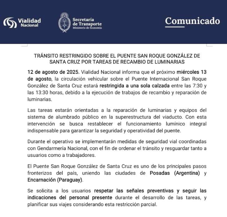 Habrá tránsito reducido sobre el puente Posadas-Encarnación este miércoles 2 puente posadas