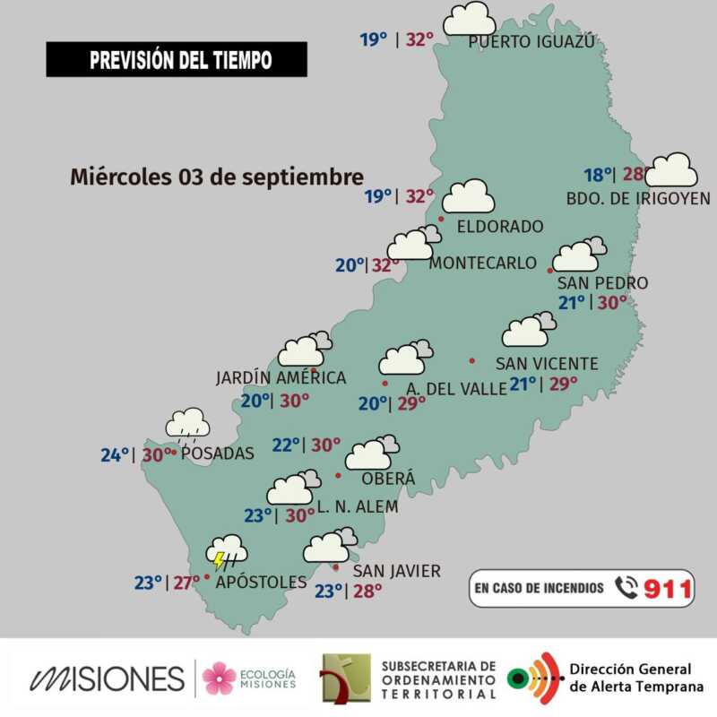 Clima en Misiones: lluvias, tormentas y marcado descenso de temperatura 3 Miércoles 3: día cálido con chaparrones aislados en Misiones