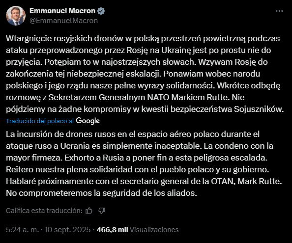 Polonia activa el protocolo de la OTAN tras violación de su espacio aéreo por drones rusos 7 POLONIA MACRONN - 6