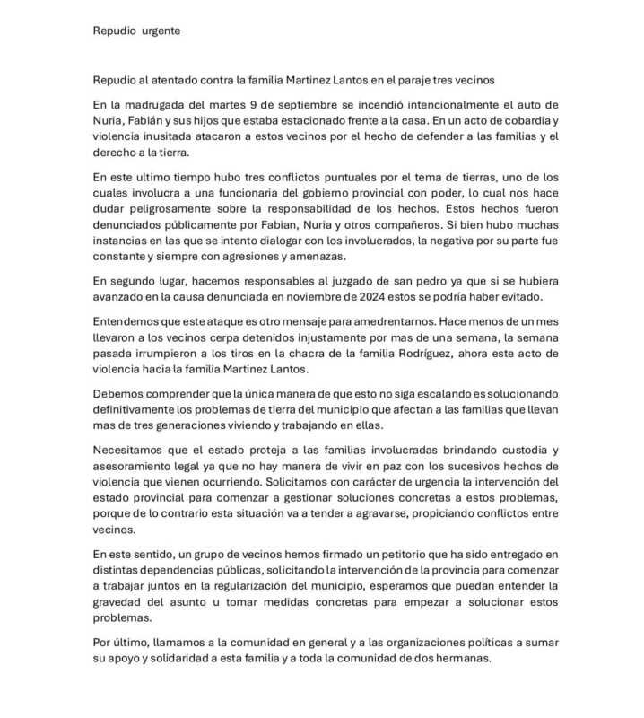 Conflicto de tierras en Dos Hermanas: repudian el atentado contra familia 3 Organizaciones sociales repudian el atentado y reclaman medidas urgentes para frenar la violencia en la zona.