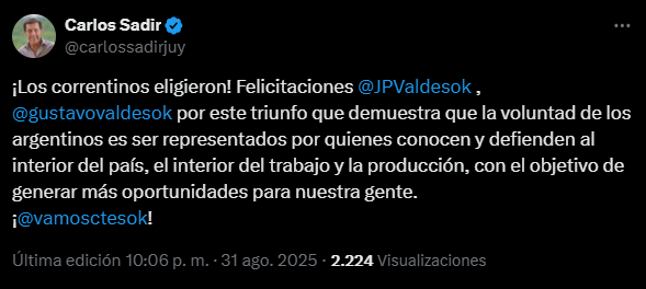 Corrientes: Gobernadores de Provincias Unidas y Schiaretti celebraron la victoria de Juan Pablo Valdés 8 corrientes3 - 7