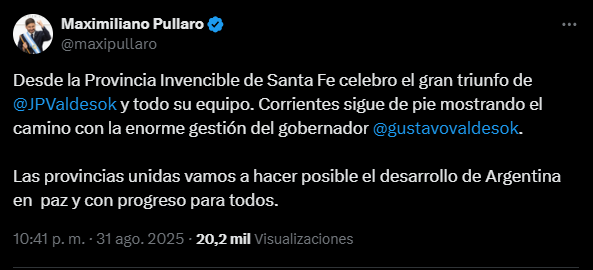 Corrientes: Gobernadores de Provincias Unidas y Schiaretti celebraron la victoria de Juan Pablo Valdés 6 corrientes4 - 5