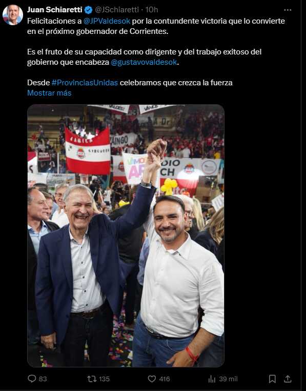 Corrientes: Gobernadores de Provincias Unidas y Schiaretti celebraron la victoria de Juan Pablo Valdés 4 corrientes5 - 3