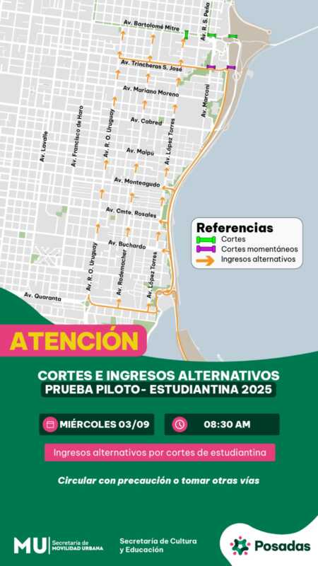 Estudiantina 2025: cortes de calles y cronograma de la segunda prueba piloto en Posadas 6 cortes de calle estudiantina 2025 1 - 5
