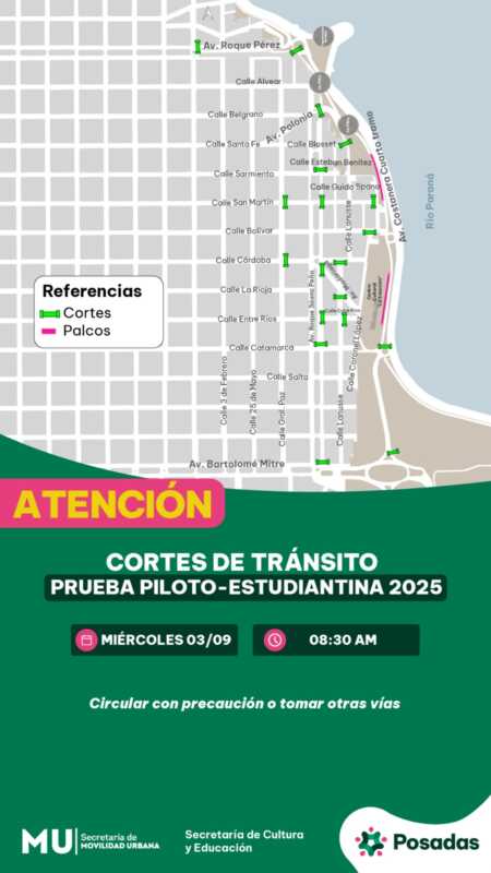 Estudiantina 2025: cortes de calles y cronograma de la segunda prueba piloto en Posadas 8 cortes de calle estudiantina 2025 2 - 7