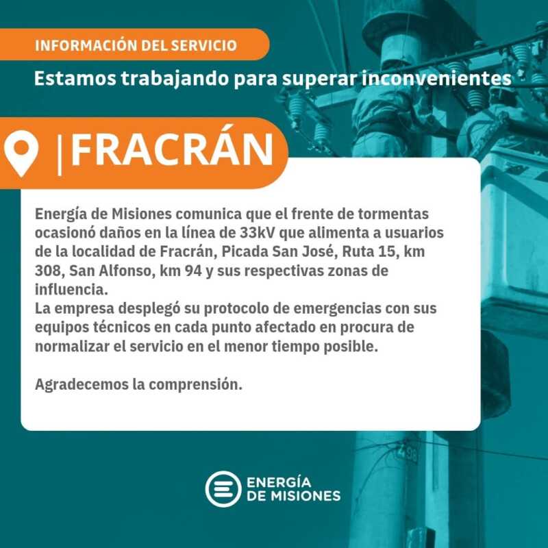 Misiones bajo agua: granizos, lluvia repentina y fuertes vientos 3 Cuadrillas de Energía de Misiones trabajaron en la reposición del servicio eléctrico.