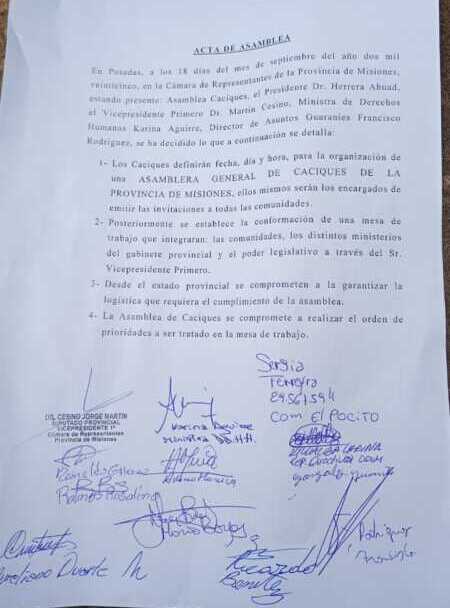 El acta firmada en la Legislatura compromete al Estado a garantizar logística y a las comunidades a fijar prioridades en una mesa de diálogo.