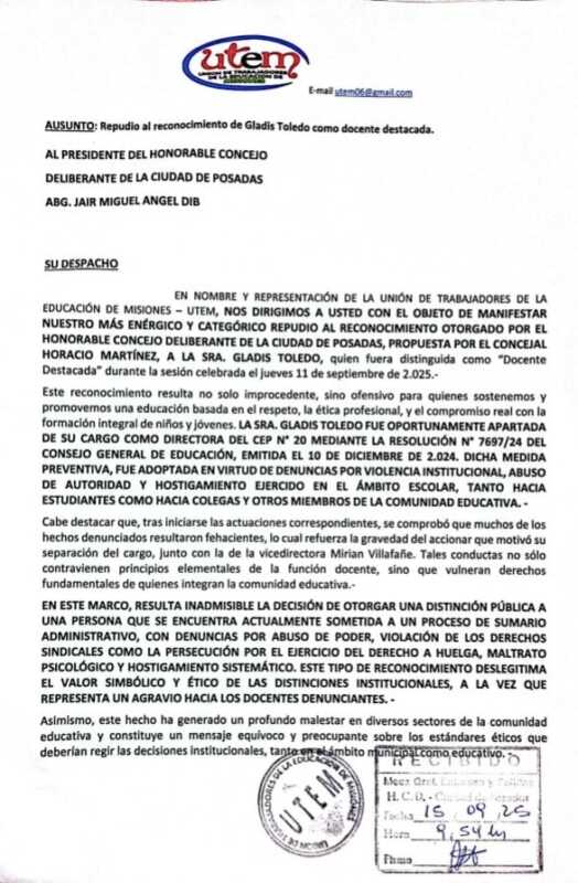 Docentes del CEP 20 cuestionan a concejal posadeño por reconocer a ex directora denunciada 3 docentes posadas CEP 20