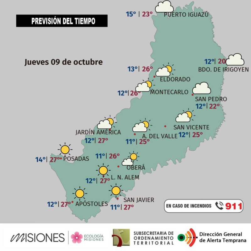 Jueves 9: inestabilidad aislada sobre el norte en Misiones 