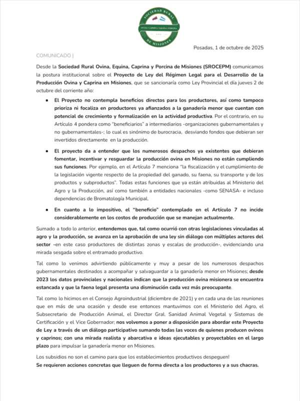 Pequeños productores reclaman diálogo antes de aprobar el Régimen de Desarrollo ovino y caprino 2 Misiones