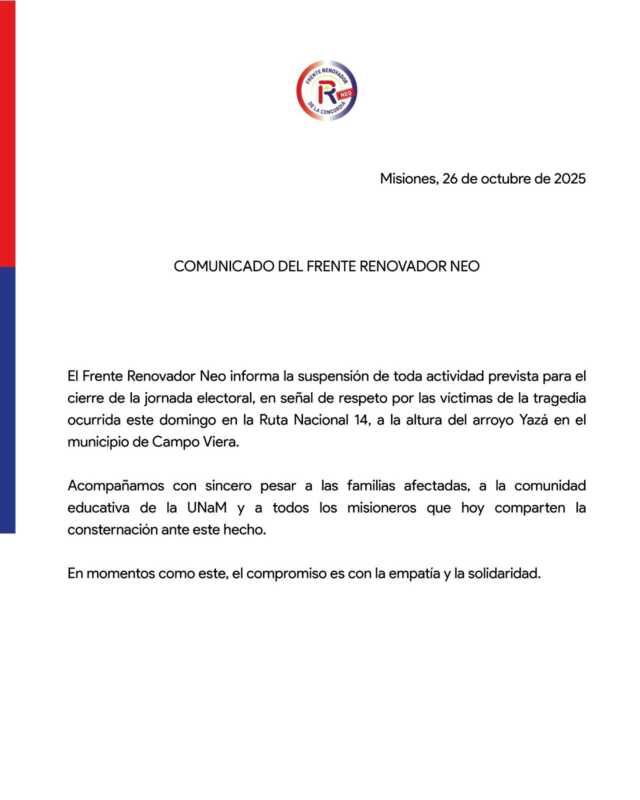 Elecciones 2025: el Frente Renovador suspendió su acto de cierre por la tragedia de Campo Viera 2 WhatsApp Image 2025 10 26 at 20.14.32 - 1