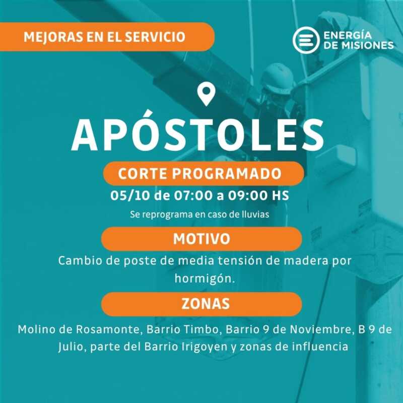 Energía de Misiones anunció cortes programados en varias localidades por mantenimiento y mejoras 14 apostoles energia - 13