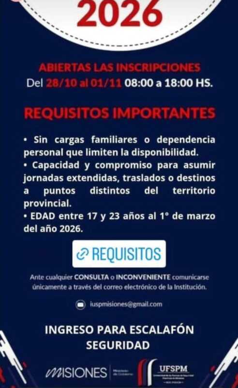 Hasta el 1 de noviembre estarán abiertas las inscripciones para las carreras de Policía y Servicio Penitenciario 4 Desde hoy y hasta el sábado, los jóvenes pueden inscribirse online para formar parte de la seguridad de Misiones.