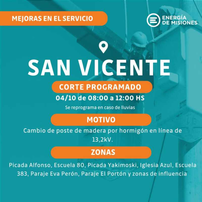 Energía de Misiones anunció cortes programados en varias localidades por mantenimiento y mejoras 8 san vicente energia - 7
