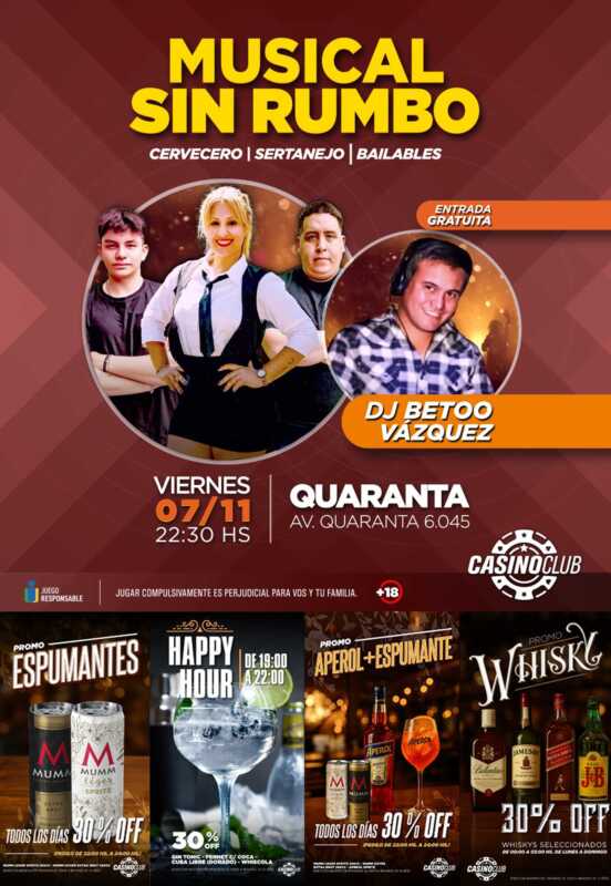 El Casino Club te invita a dar la bienvenida al mes de noviembre con espectáculos de primer nivel 7 25 11 07 Musical SIN RUMBO DJ BETOO VAZQUEZ Flyer Feed Gastro 1354x1962 1 - 6