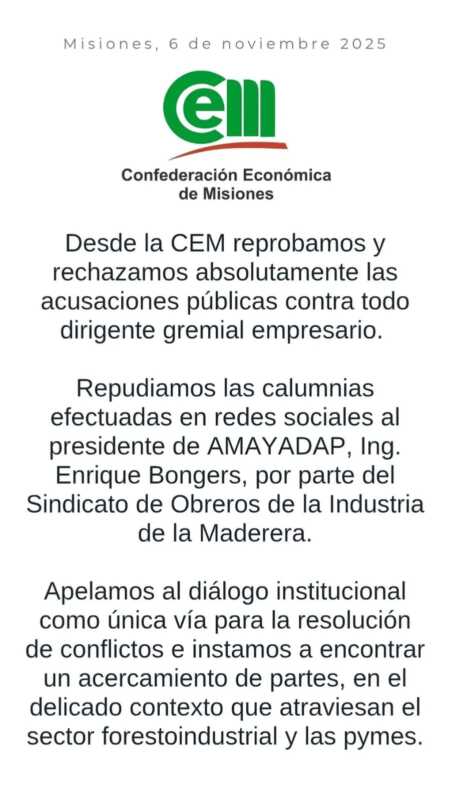 AMAYADAP impulsa el diálogo y cuestiona la falta de representación nacional 5 La Confederación Económica de Misiones expresó su respaldo a Amayadap y llamó al diálogo institucional en el sector forestoindustrial.