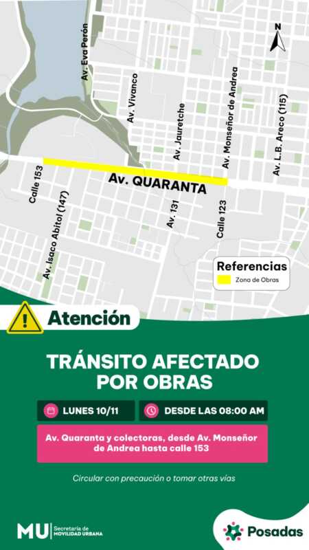 Tránsito interrumpido por obras en la avenida Quaranta: piden circular con precaución 1 quaranta posadas trabajos