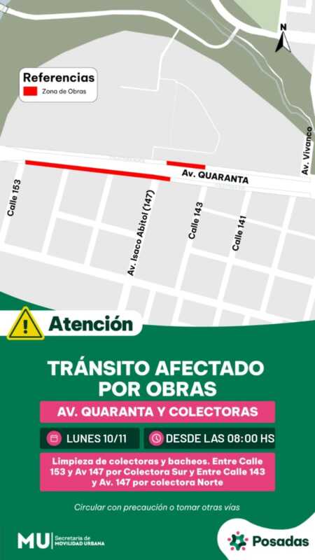 Tránsito interrumpido por obras en la avenida Quaranta: piden circular con precaución 2 quaranta posadas tránsito