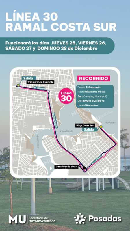 Servicio especial de la Línea 30 al Balneario Costa Sur durante las fiestas 2 Refuerzan el transporte a Costa Sur con un servicio especial de la Línea 30