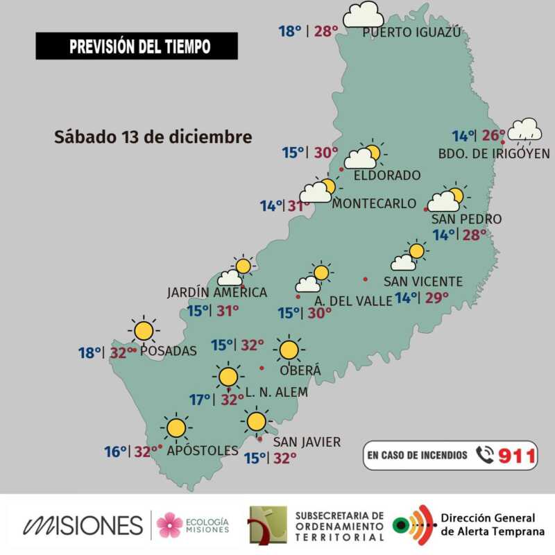 Calor, lluvias aisladas y una semana que cierra con tormentas en Misiones 2 Sábado 13: estable y lluvias en el norte de Misiones