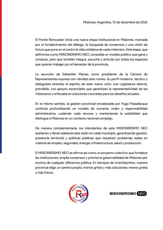 El Frente Renovador presenta una nueva etapa institucional en Misiones con el “Misionerismo NEO” 3 El Frente Renovador formalizó el Misionerismo NEO como eje de su estrategia institucional.