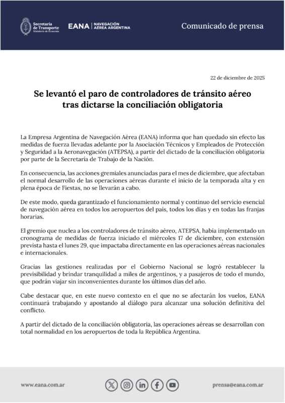 Conciliación obligatoria: se levantó el paro de controladores aéreos y habrá vuelos normales